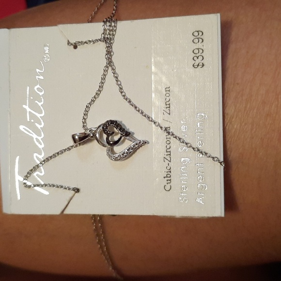 NWT BLACK WHITE DOUBLE HEART DIAMOND NECKLACE - Picture 1 of 2